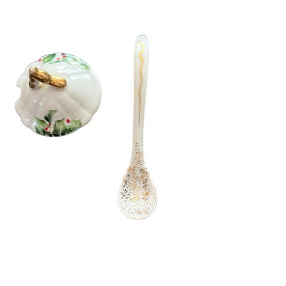 Vintage Lefton China “Holly & Berry”   Sugar Bowl W/ Lid Spoon & Saucer - Picture 6 of 8